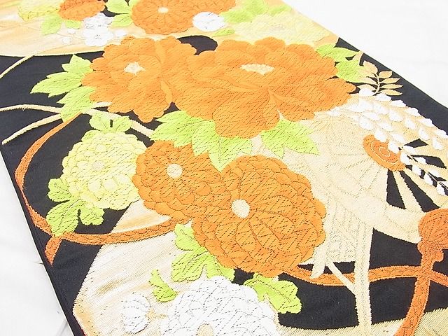 平和屋着物◎六通柄袋帯 唐織 花車文 黒地 金銀糸 逸品 BAAH5208ui