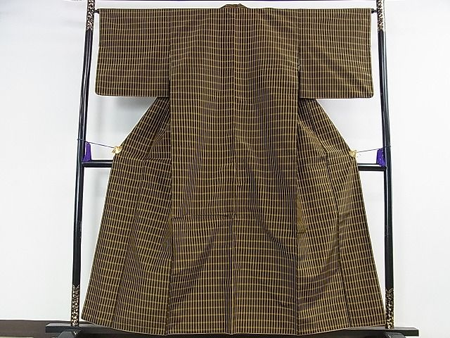 平和屋本店●極上 本場黄八丈 黒八丈 平織 紬 格子 逸品 DZAA1674kh4