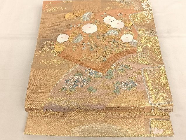 平和屋着物◎六通柄袋帯 市松扇面重 金銀糸 正絹 逸品 AAAI7539Bfw