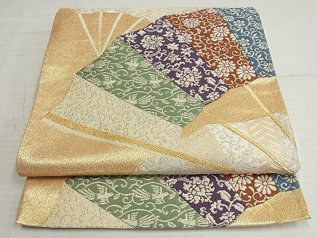 平和屋着物◎六通柄袋帯 扇面花唐草飛鳥文 金銀糸 正絹 逸品 AAAI1185Awj