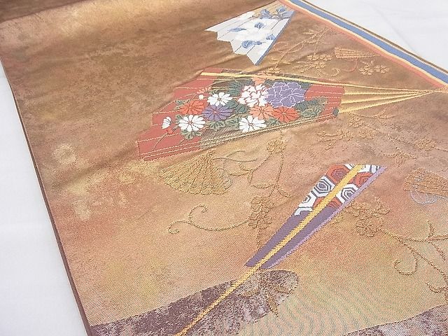 平和屋着物◎太鼓柄袋帯 唐織 扇面散らし花文 金糸 逸品 BAAH7893ea