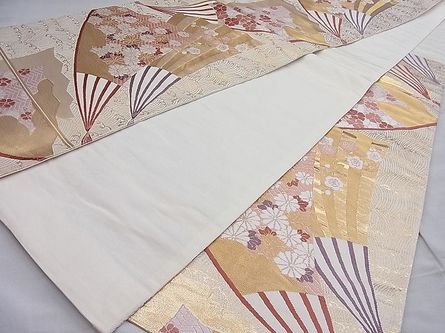 平和屋着物◎六通柄袋帯 唐織 扇面春秋花文 金糸 逸品 BAAH7988ea