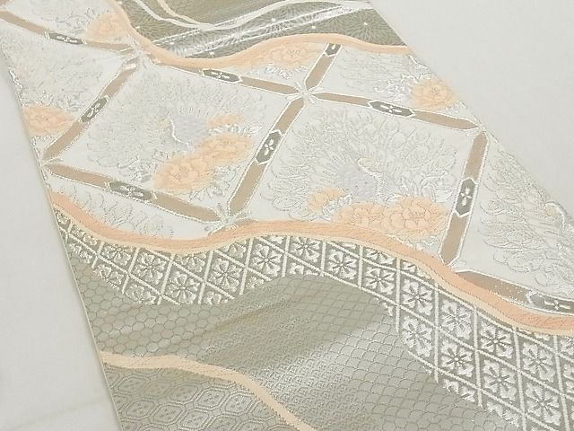 平和屋着物◎六通柄袋帯 天井孔雀花文 プラチナ箔 正絹 逸品 AAAJ2384Aex