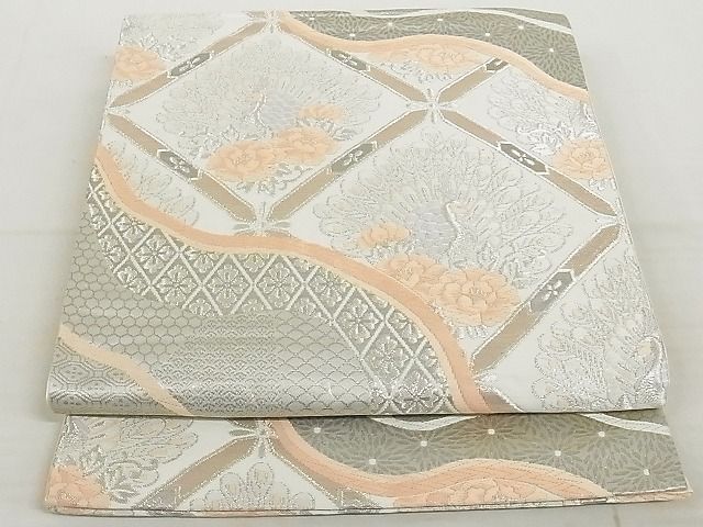 平和屋着物◎六通柄袋帯 天井孔雀花文 プラチナ箔 正絹 逸品 AAAJ2384Aex