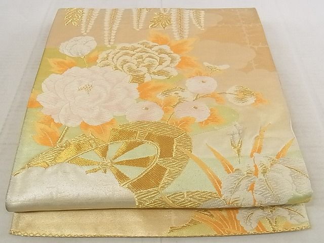 平和屋着物◎六通柄袋帯 唐織 片輪車花文 金糸 正絹 逸品 AAAJ0997Aaz