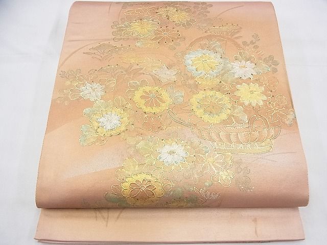 平和屋着物◎太鼓柄袋帯 作家物 手描き 花籠文 金銀彩 落款あり 逸品 BAAH5931fk
