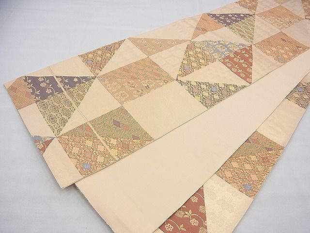 平和屋着物◎六通柄袋帯 唐織 名物裂格子柄 金糸 逸品 BAAH5936fk