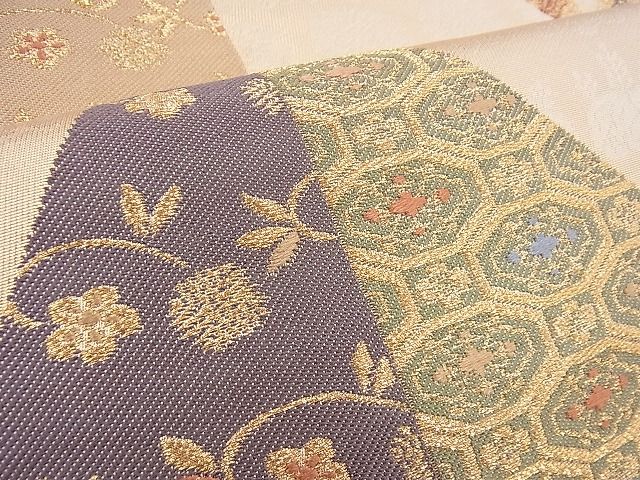 平和屋着物◎六通柄袋帯 唐織 名物裂格子柄 金糸 逸品 BAAH5936fk