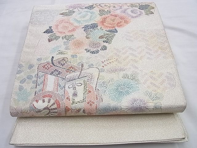 平和屋着物◎太鼓柄袋帯 綴れ エ霞吉祥花文 金銀彩 逸品 BAAI0219du