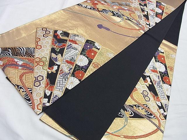 平和屋着物◎六通柄袋帯 唐織 能裳 黒地 金糸 逸品 BAAI0263du