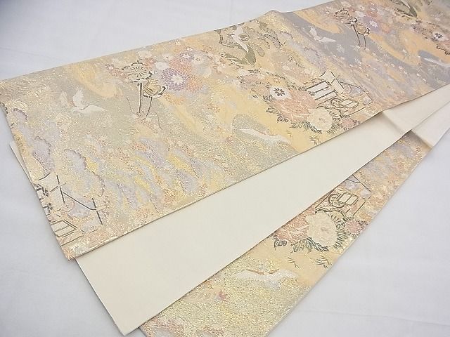 平和屋着物◎六通柄袋帯 飛鶴御所車花文 金糸 逸品 BAAH8368fk