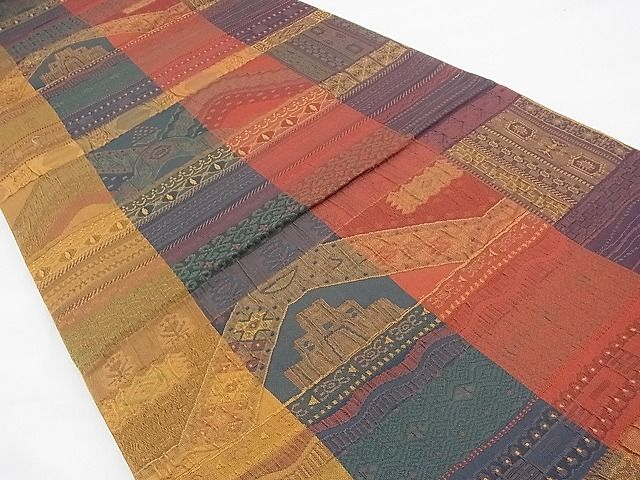 平和屋着物◎六通柄袋帯 ふくれ織 更紗横段文 逸品 BAAH8399fk