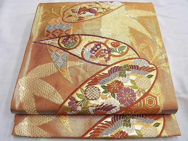 平和屋着物◎六通柄袋帯 唐織 笹の葉飛鶴花文 金銀糸 逸品 BAAI0297