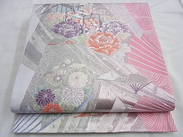 平和屋着物◎六通柄袋帯 唐織 重ね扇面文 プラチナ箔 逸品 BAAI0300du