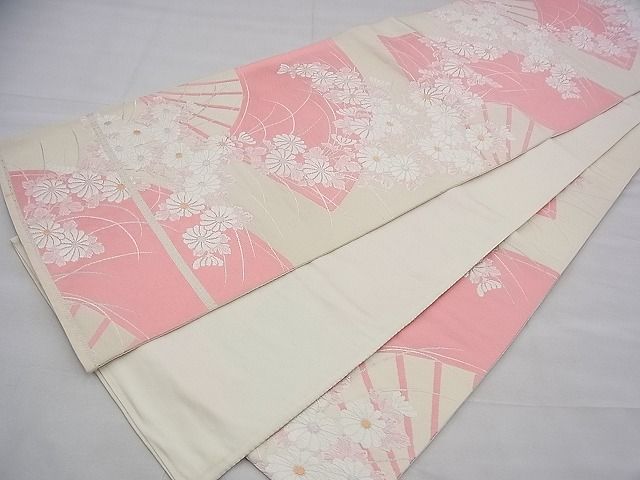 平和屋着物◎六通柄袋帯 唐織 扇面菊文 金糸 逸品 BAAH8437fk