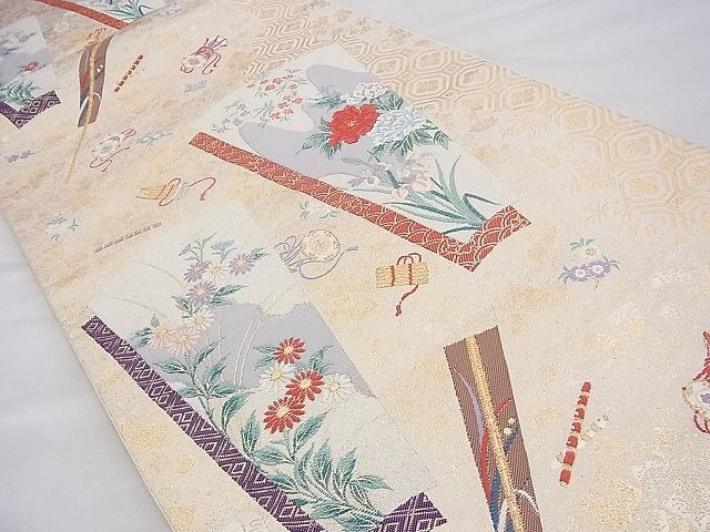 平和屋着物◎六通柄袋帯 唐織 扇散らし吉祥花文 九百錦 金糸 逸品 BAAH8429fk