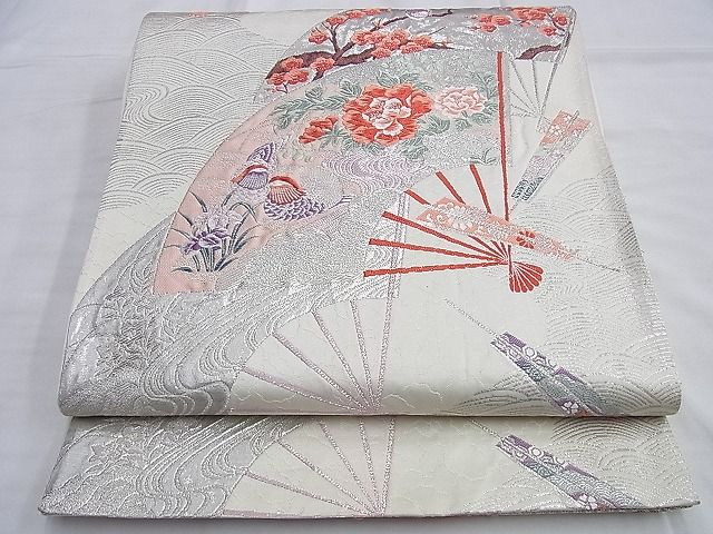 平和屋着物◎六通柄袋帯 唐織 花鳥扇面流し 九百錦 プラチナ二重箔 逸品 BAAI0346du