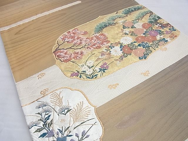 平和屋着物◎太鼓柄袋帯 唐織 琳派草花文 金糸 逸品 BAAI0344du