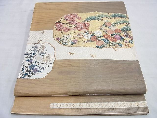 平和屋着物◎太鼓柄袋帯 唐織 琳派草花文 金糸 逸品 BAAI0344du