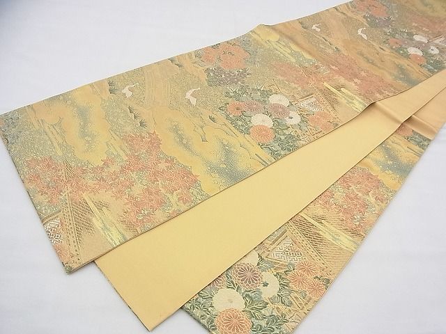 平和屋着物◎六通柄袋帯 唐織 群れ鶴風景花文 金糸 逸品 BAAH9243fk