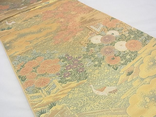 平和屋着物◎六通柄袋帯 唐織 群れ鶴風景花文 金糸 逸品 BAAH9243fk