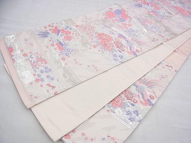平和屋着物◎六通柄袋帯 唐織 鳳凰格天井花文 銀糸 逸品 BAAH9269fk