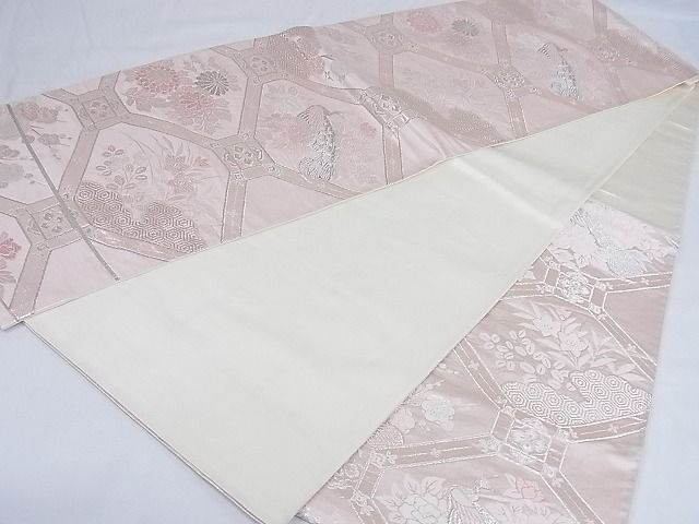 平和屋着物◎六通柄袋帯 蜀江孔雀草花文 銀糸 正絹 逸品 AAAI3450Abw