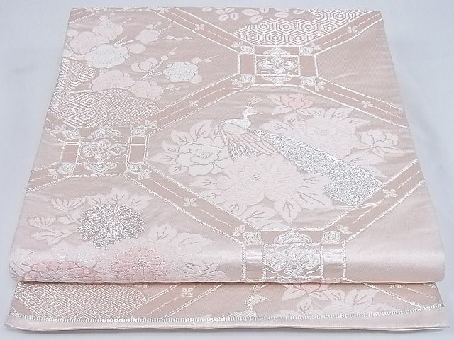 平和屋着物◎六通柄袋帯 蜀江孔雀草花文 銀糸 正絹 逸品 AAAI3450Abw