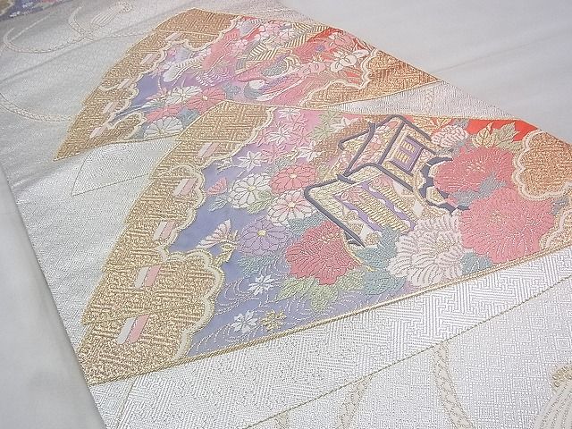 平和屋着物◎佐賀錦 六通柄袋帯 唐織 檜扇御所車花鳥文 金銀糸 逸品 BAAI1601fk