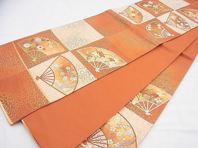 平和屋着物◎六通柄袋帯 唐織 市松扇面花文 金糸 逸品 BAAI1614fk