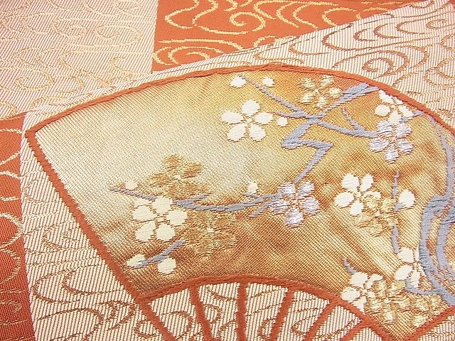 平和屋着物◎六通柄袋帯 唐織 市松扇面花文 金糸 逸品 BAAI1614fk