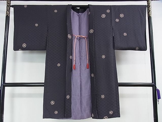 平和屋本店▽極上 長羽織 スリーシーズン 春夏秋 塵除け 紗袷 花丸文 濃い青褐色地 羽織紐付き 逸品 DZAA1732kh4