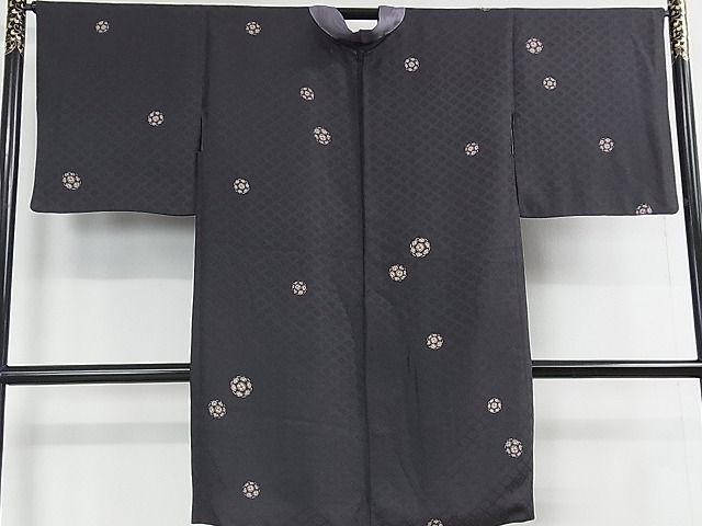 平和屋本店▽極上 長羽織 スリーシーズン 春夏秋 塵除け 紗袷 花丸文 濃い青褐色地 羽織紐付き 逸品 DZAA1732kh4