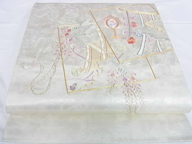 平和屋着物■太鼓柄袋帯 駒刺繍 総刺繍 吉祥地紙風景花文 金銀糸 逸品 DAAG8054az