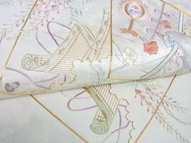 平和屋着物■太鼓柄袋帯 駒刺繍 総刺繍 吉祥地紙風景花文 金銀糸 逸品 DAAG8054az