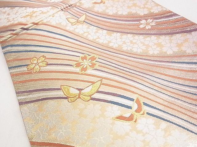 平和屋着物◎六通柄袋帯 唐織 舞蝶花文 金糸 逸品 DAAH0590cm