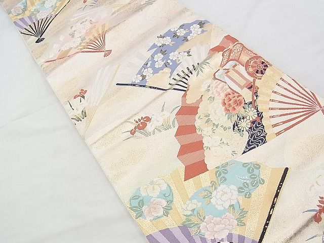 平和屋着物◎六通柄袋帯 唐織 扇面御所車花文 金糸 逸品 BAAI1016kj