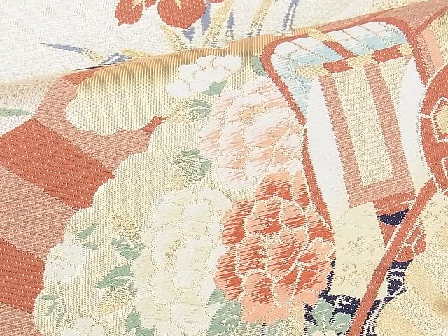 平和屋着物◎六通柄袋帯 唐織 扇面御所車花文 金糸 逸品 BAAI1016kj