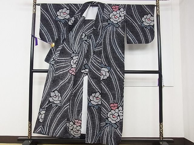 平和屋本店■極上 夏物 浴衣 有松鳴海絞り 舞花文 黒地 綿 逸品 CZAA0794s4