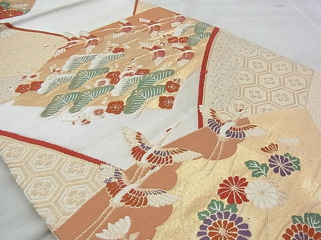 平和屋着物◎六通柄袋帯 唐織 群鶴扇面紋 金銀糸 逸品 BAAH5328if