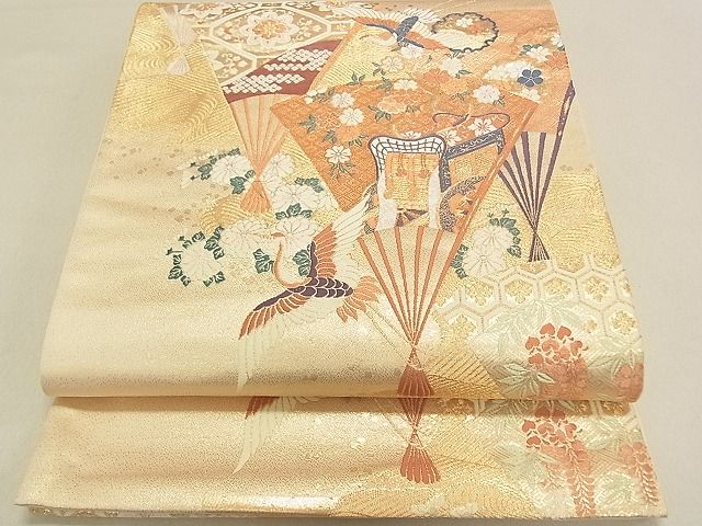 平和屋着物◎六通柄袋帯 扇面御所車飛鶴花文 金糸 逸品 DAAG0442ox