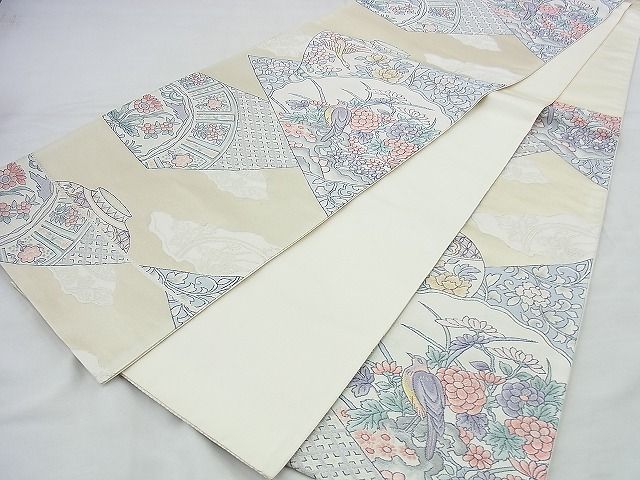 平和屋着物◎六通柄袋帯 唐織 陶器花鳥絵皿 金糸 逸品 BAAI4443jm