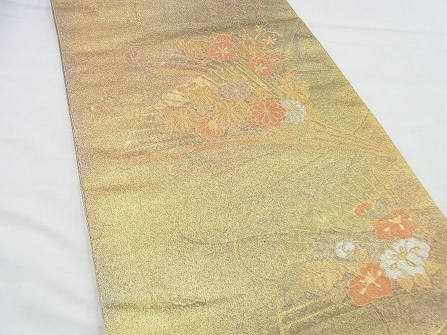 平和屋着物◎六通柄袋帯 作家物 扇面花文 金糸 逸品 BAAI4453jm
