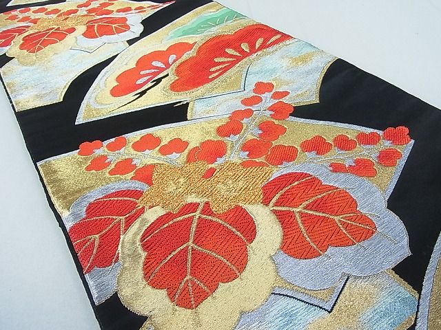 平和屋着物◎六通柄袋帯 地紙吉祥花文 黒地 金銀糸 逸品 DAAH4035cf