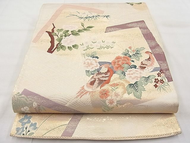 平和屋着物◎六通柄袋帯 唐織 色紙花鳥文 金糸 逸品 BAAI1142sa