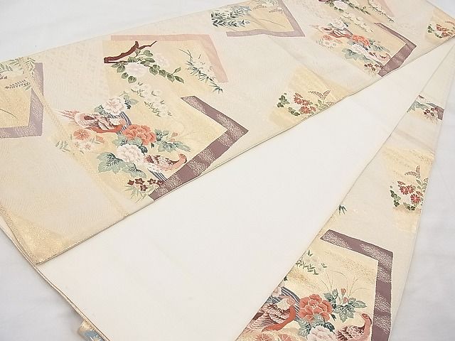 平和屋着物◎六通柄袋帯 唐織 色紙花鳥文 金糸 逸品 BAAI1142sa