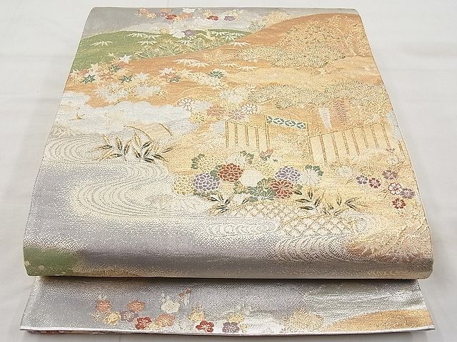 平和屋着物◎六通柄袋帯 流水四季草花文 金銀糸 逸品 BAAI1164sa