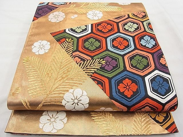 平和屋着物◎六通柄袋帯 唐織 若松亀甲文 黒地 金糸 引箔 逸品 BAAI1182sa