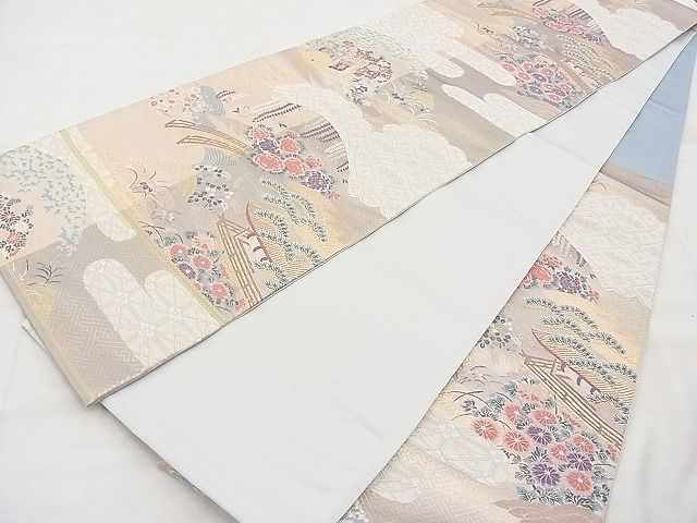 平和屋着物◎六通柄袋帯 唐織 ふたみ屏風絵 金糸 逸品 BAAI1166sa