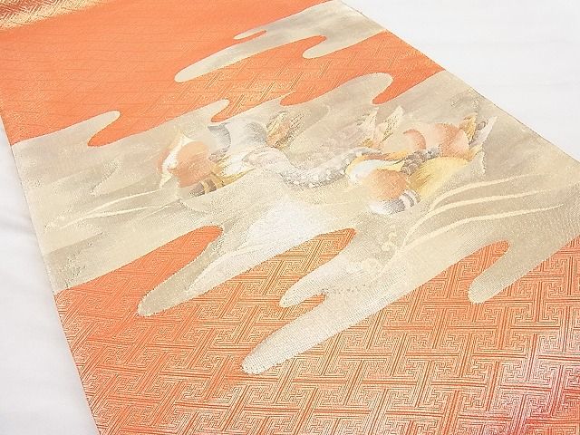 平和屋着物◎佐賀錦 太鼓柄袋帯 流水鴛鴦文 金糸 逸品 BAAI1207sa